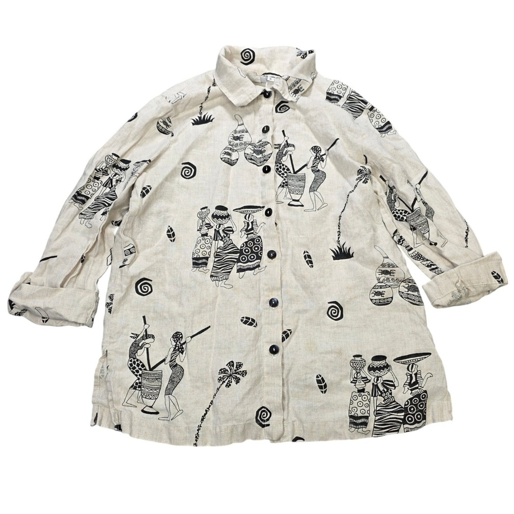 Hot Cotton by Marc Ware Linen Button Up Shirt Women's Size S Beige Tribal Print